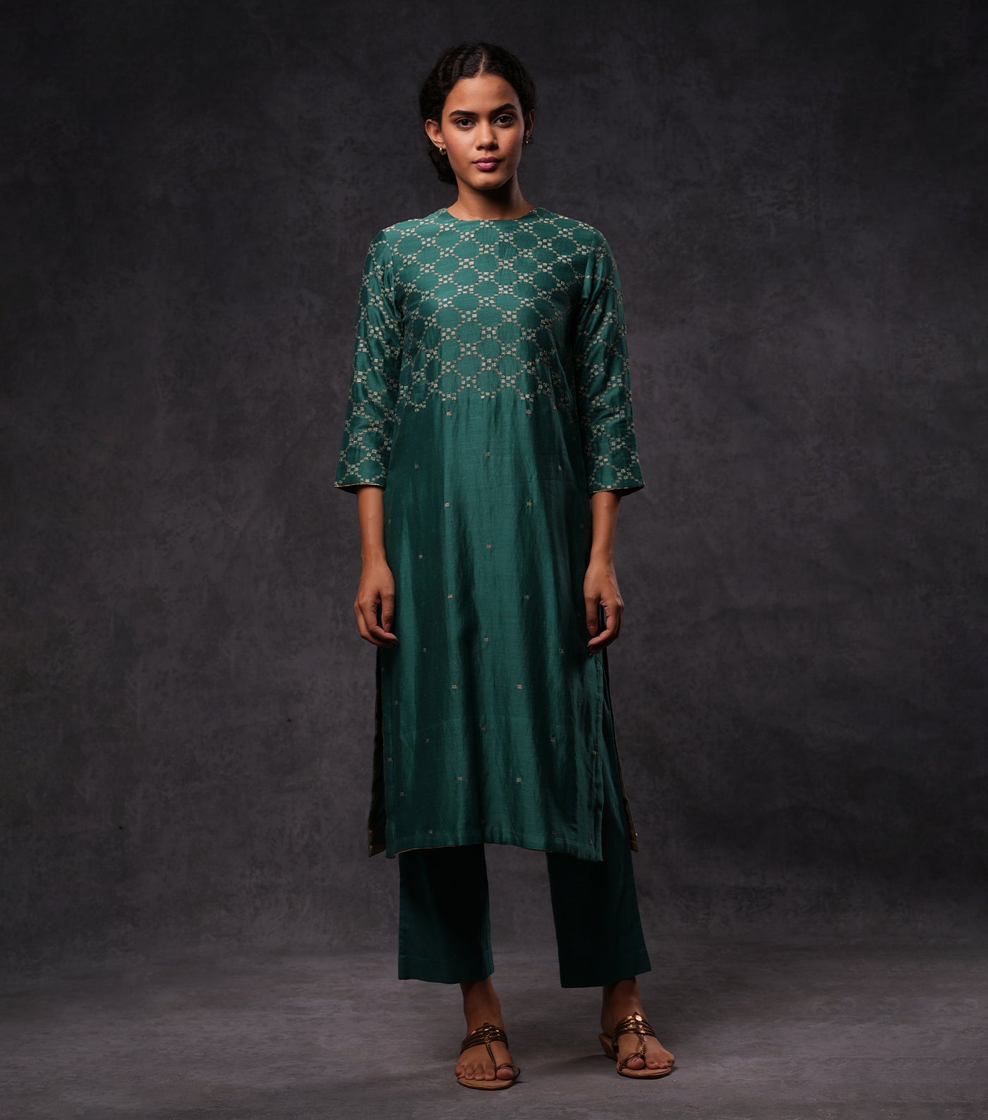 Green Hand Embroidered Cotton Silk Straight Kurta Set with Pants & Dupatta