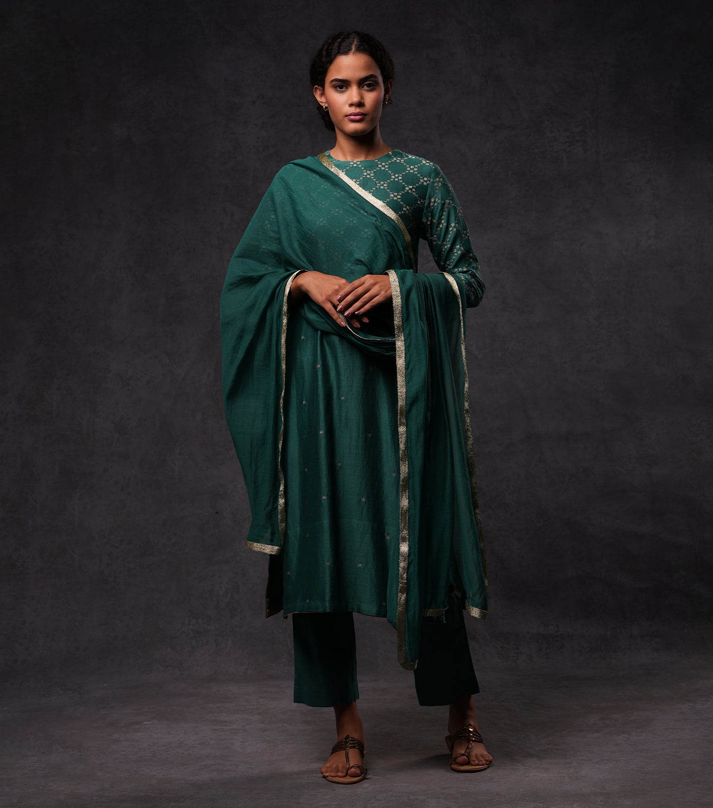 Green Hand Embroidered Cotton Silk Straight Kurta Set with Pants & Dupatta