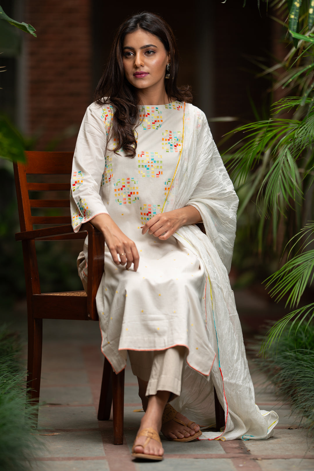 Ivory Embroidered Fine Cotton Suit Set