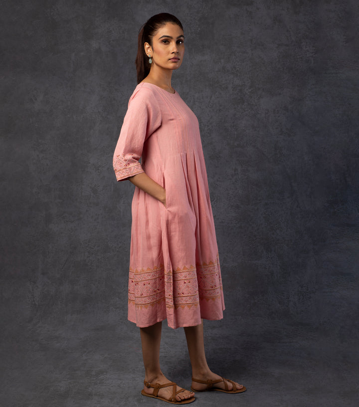 Pink Embroidered Viscose Linen Dress