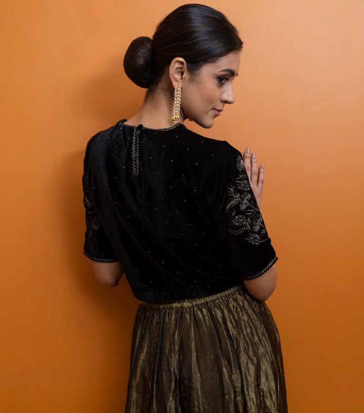 Black Hand Embroidered Velvet Blouse