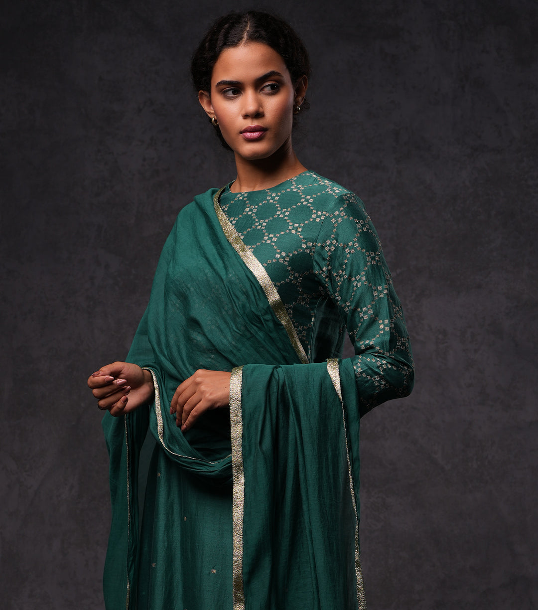 Green Hand Embroidered Cotton Silk Straight Kurta Set with Pants & Dupatta