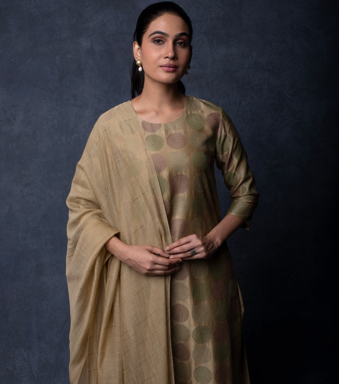 Dark Beige Embroidered Chanderi Suit Set