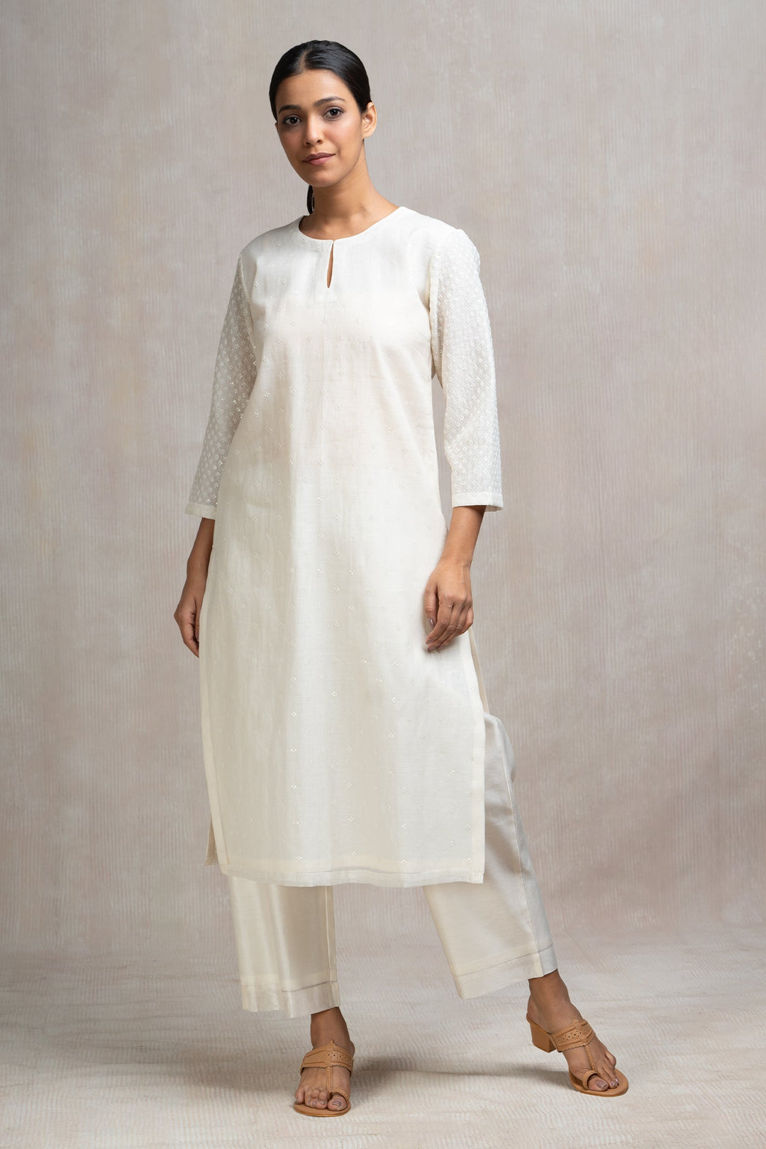 Hand Embroidered Chanderi Kurta Set with Pants & Dupatta