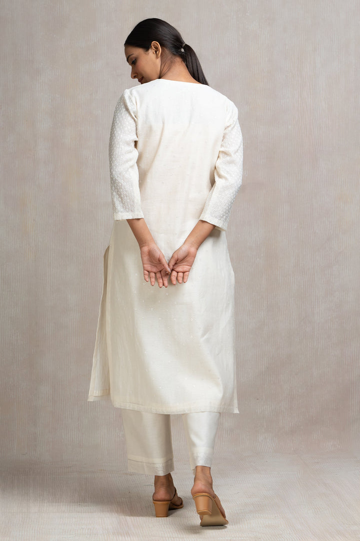 Hand Embroidered Chanderi Kurta Set with Pants & Dupatta