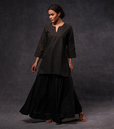 Black Hand Embroidered Cotton Silk Short Kurti Set with Skirt & Dupatta