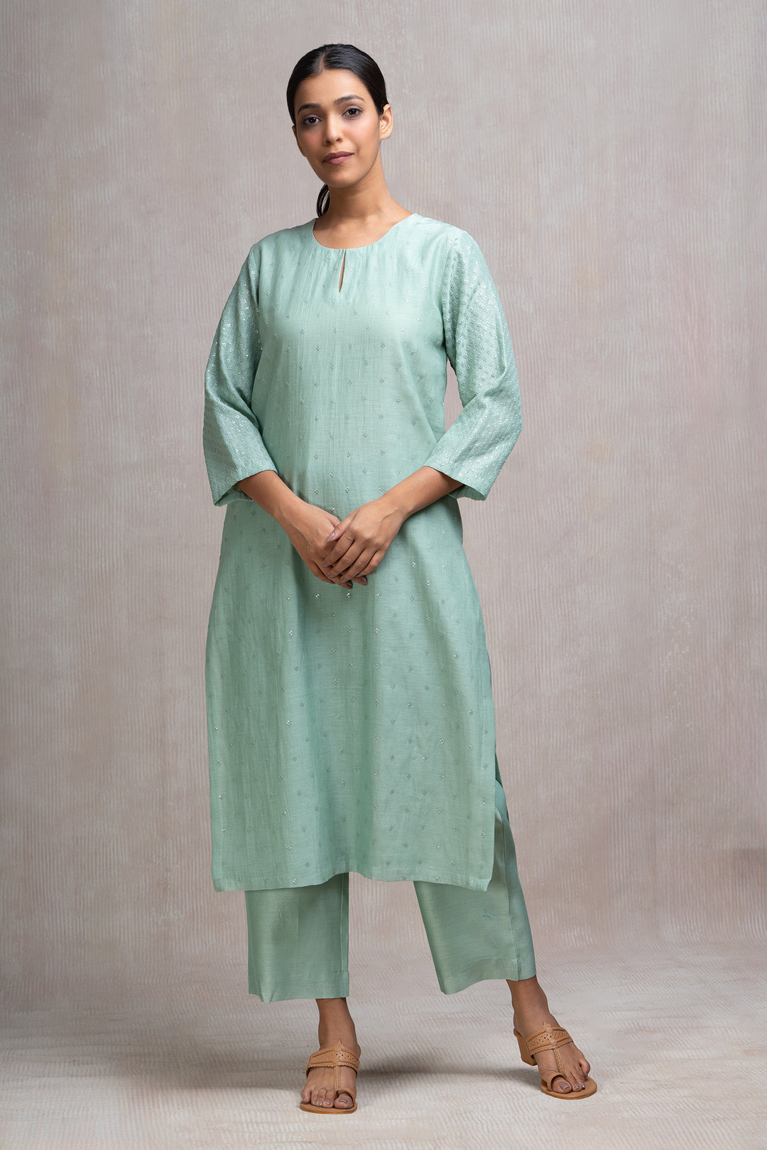 Hand Embroidered Chanderi Kurta Set with Pants & Dupatta