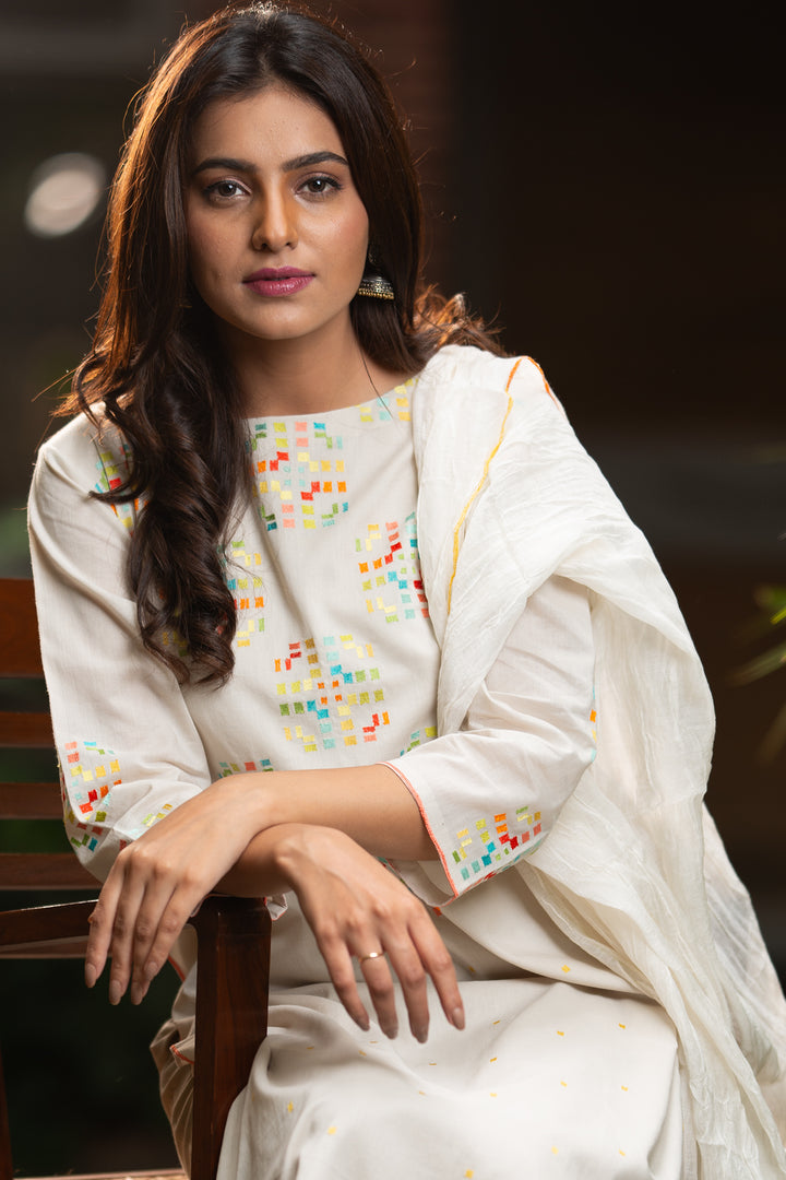 Ivory Embroidered Fine Cotton Suit Set