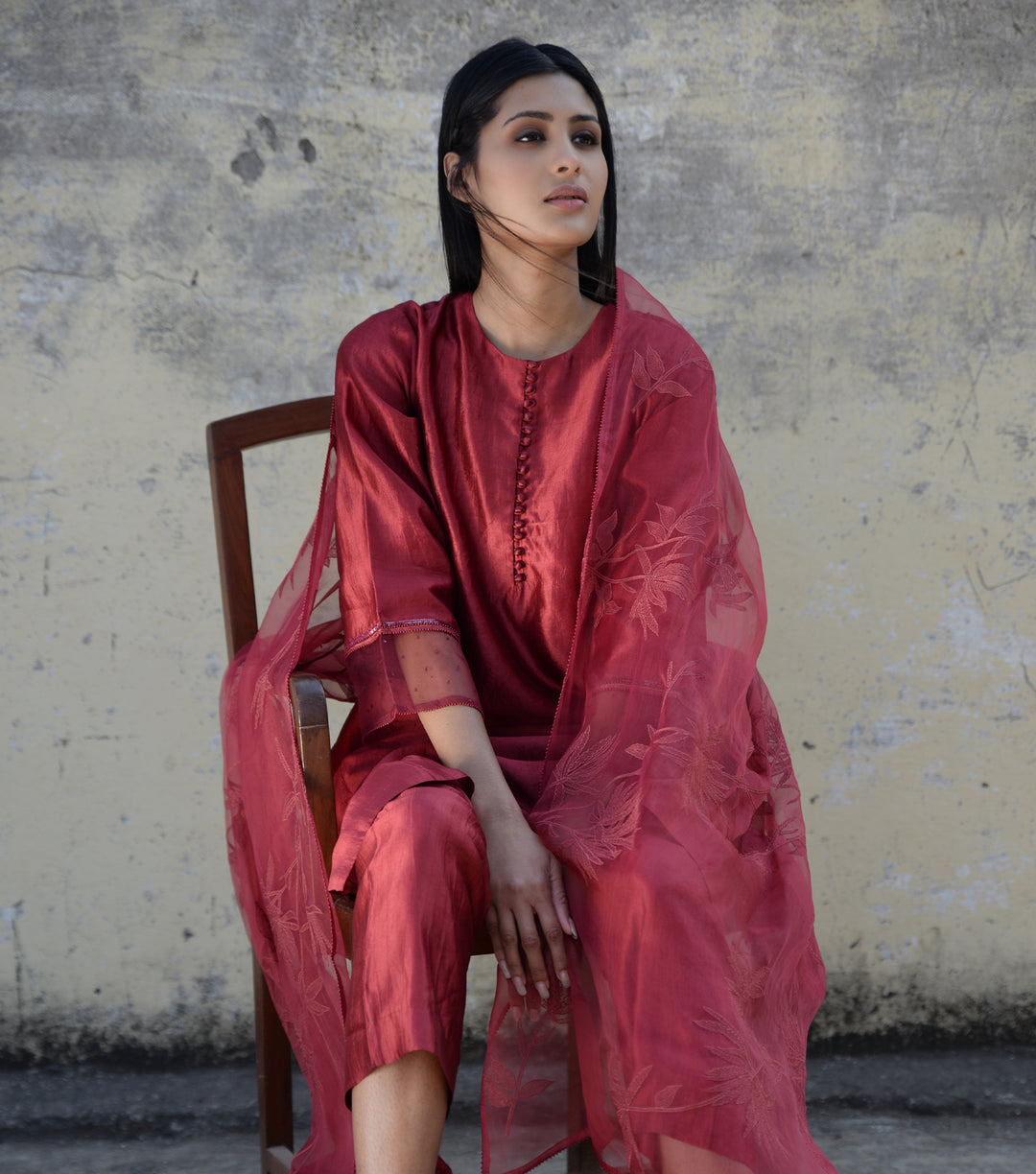 Maroon Organza Floral Embroidered Dupatta