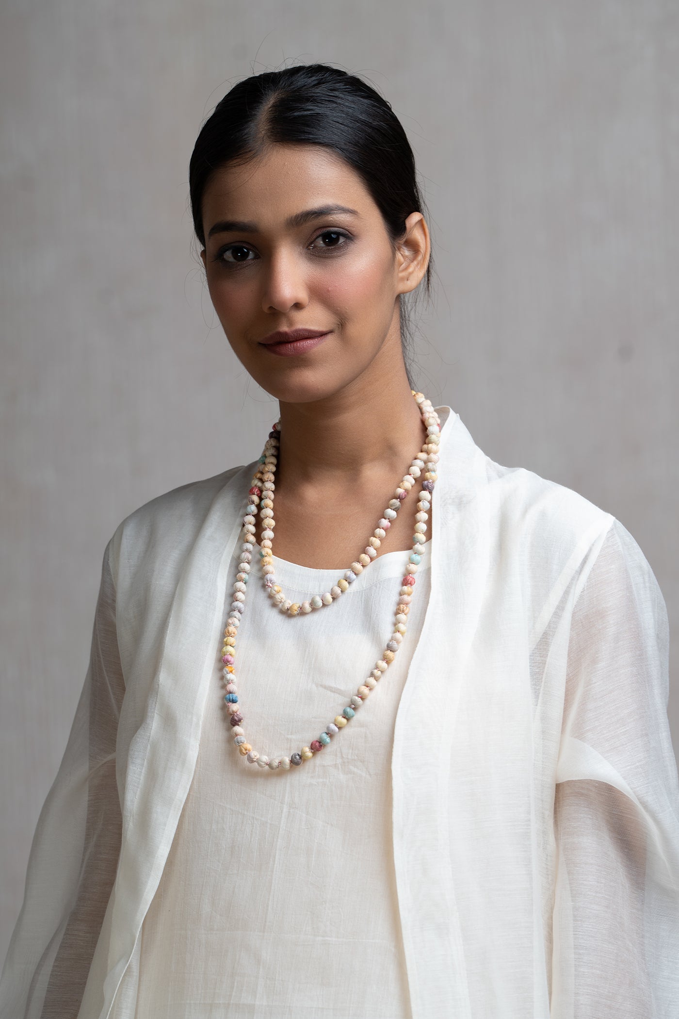 Beige Cotton Beaded Necklace