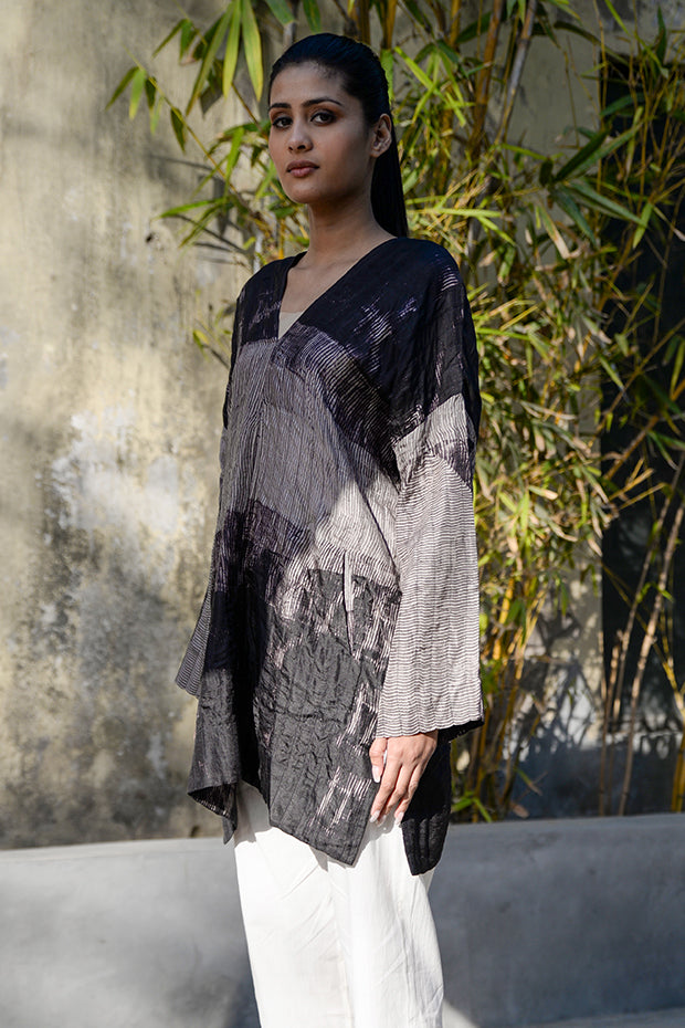 PURE SILK SHIBORI DYED TUNIC WITH STITCH DETAILING