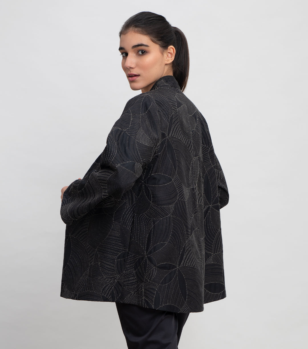 Black Embroidered Quilted Silk Jacket