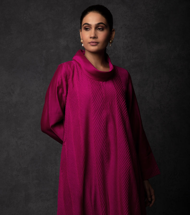 Magenta Pintuck Embroidered Chanderi Dress