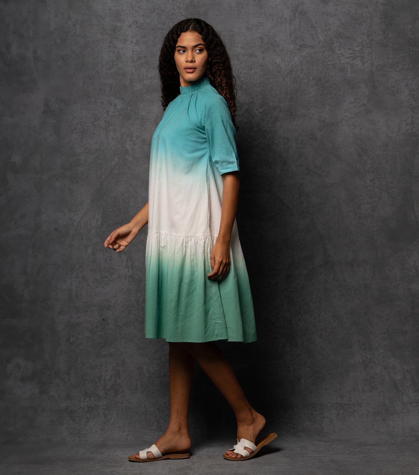 Ombre Grace Textured Cotton Dress with Mock Gathered Neckline