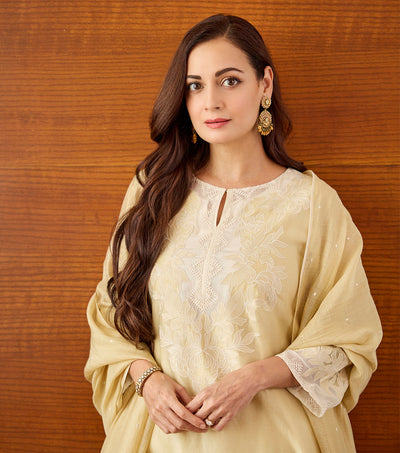 Dia Mirza in Beige Patchwork & Embroidered Chanderi Suit Set