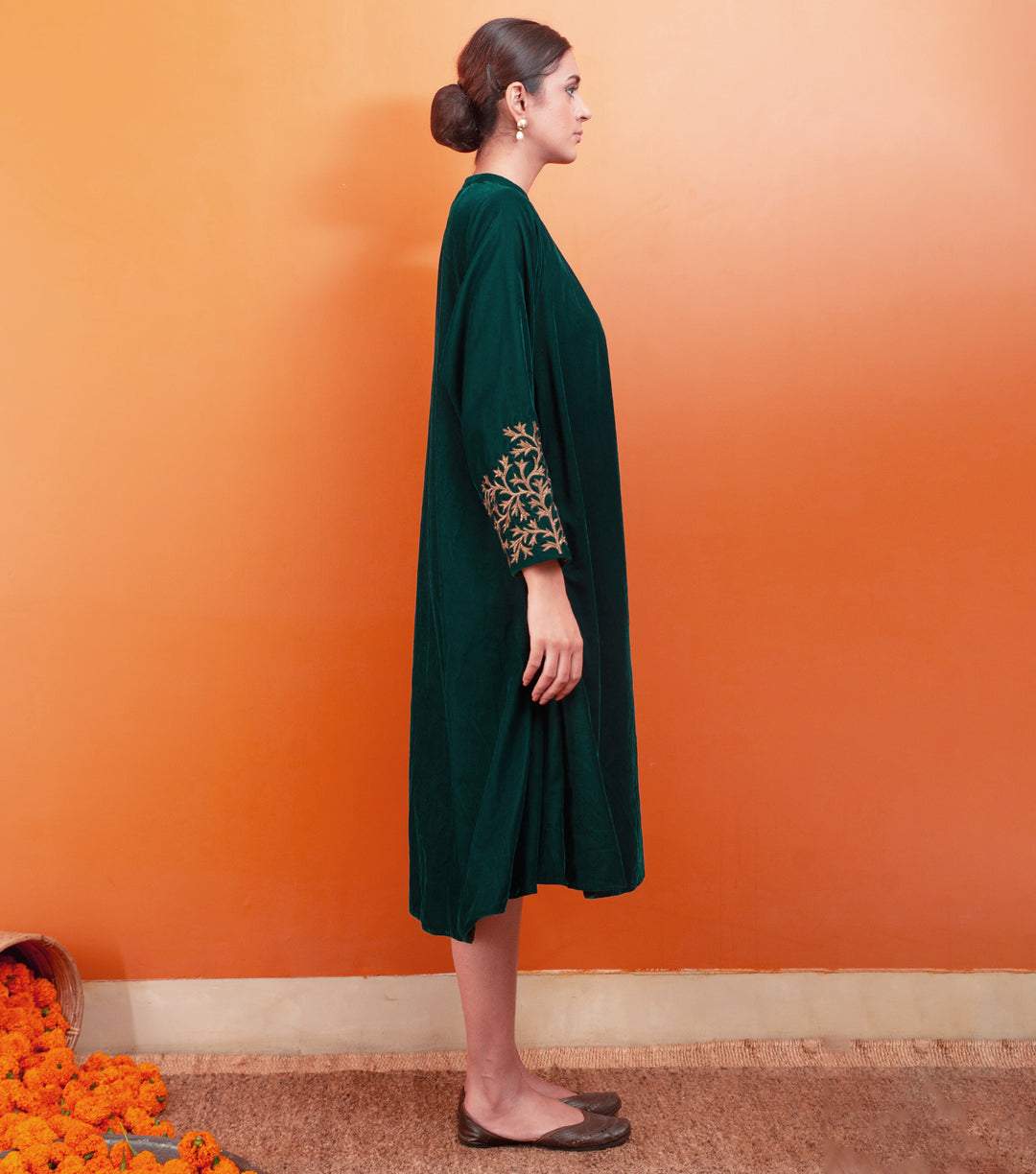 Emerald Green Zari Hand Embroidered Velvet Dress