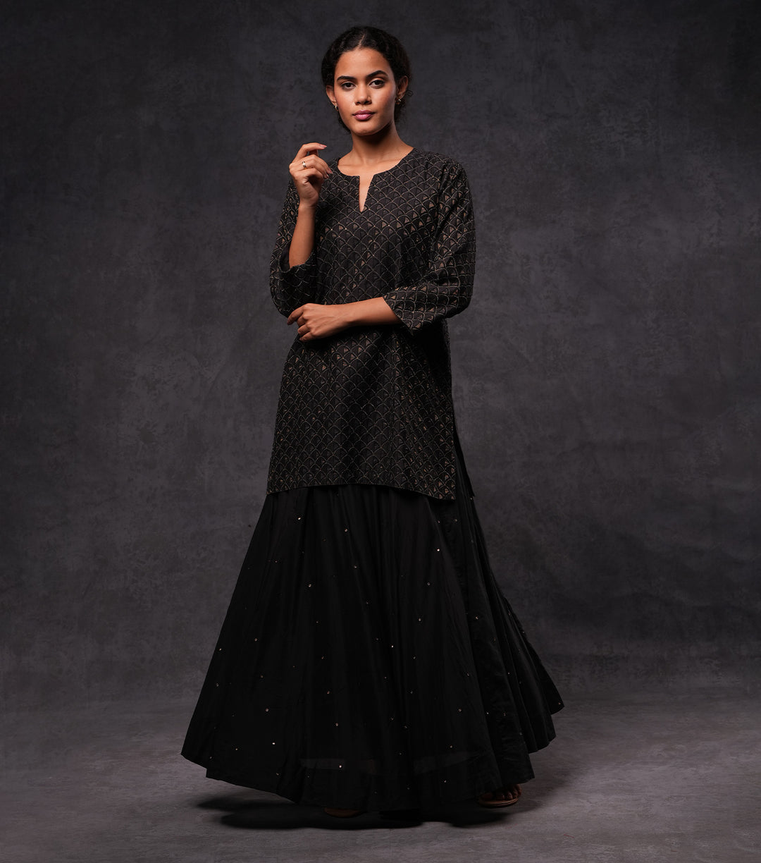 Black Hand Embroidered Cotton Silk Short Kurti Set with Skirt & Dupatta