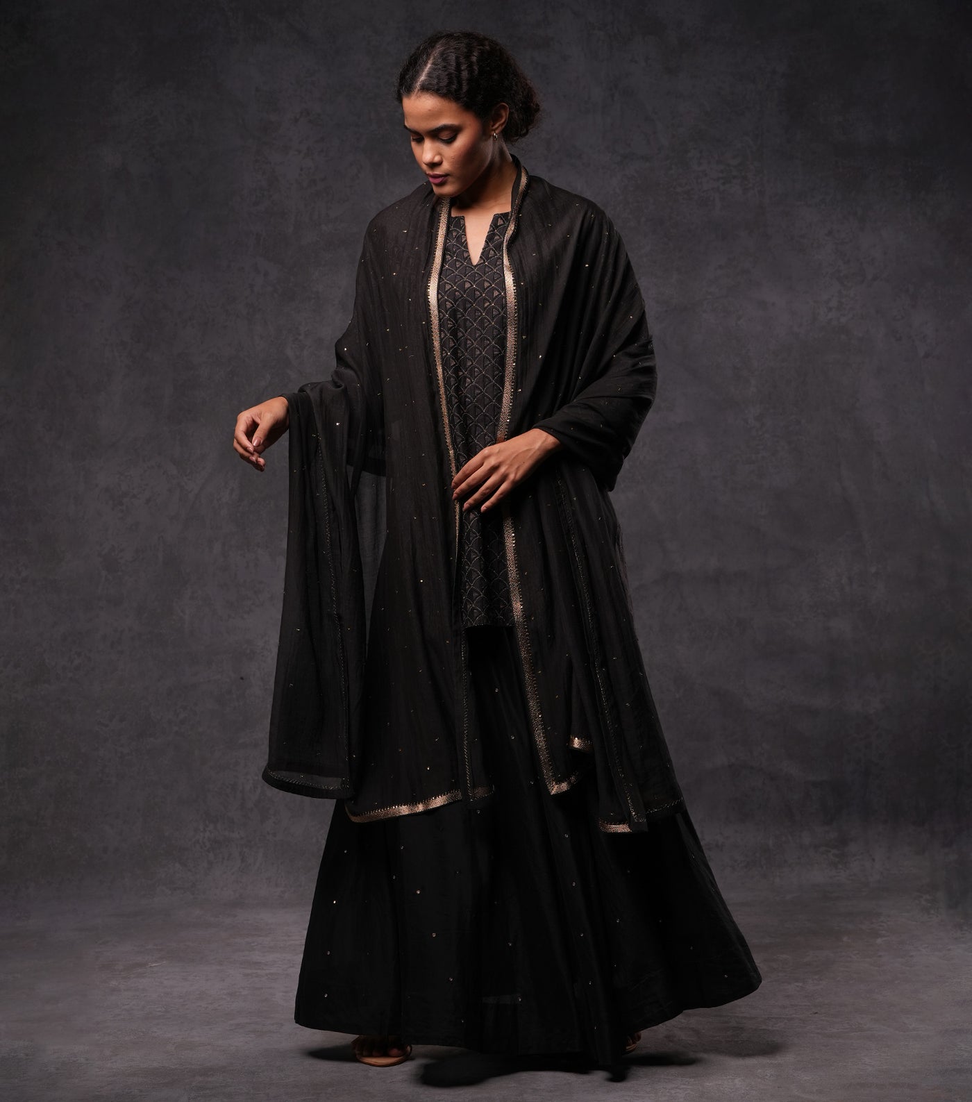 Black Hand Embroidered Cotton Silk Short Kurti Set with Skirt & Dupatta