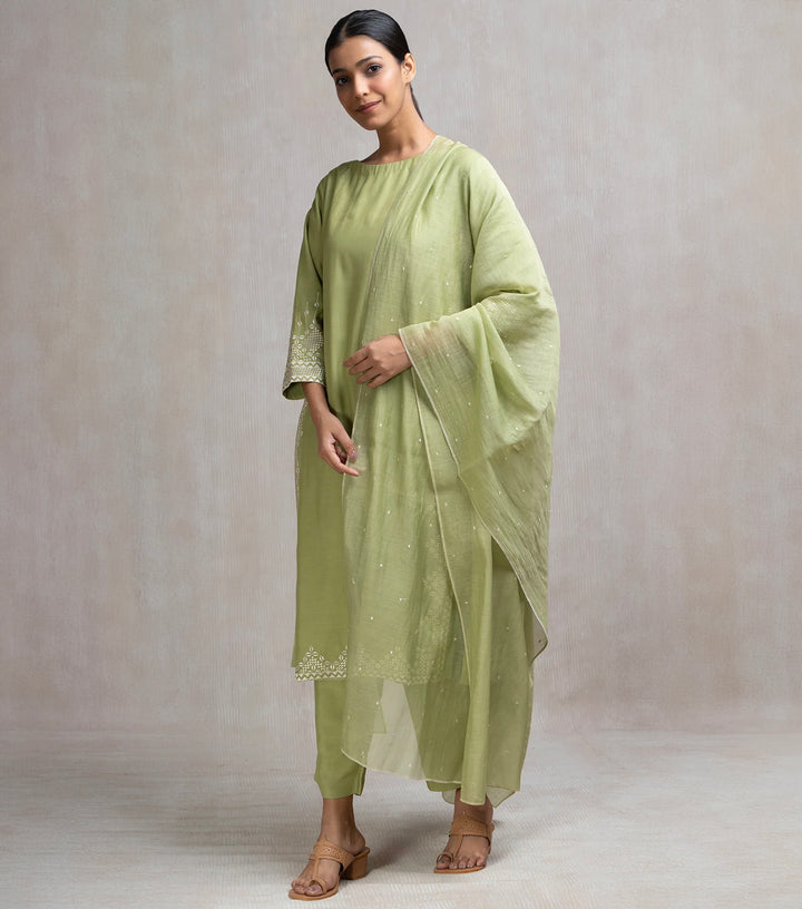 Thread Embroidered Muslin Kurta Set with Pants & Dupatta