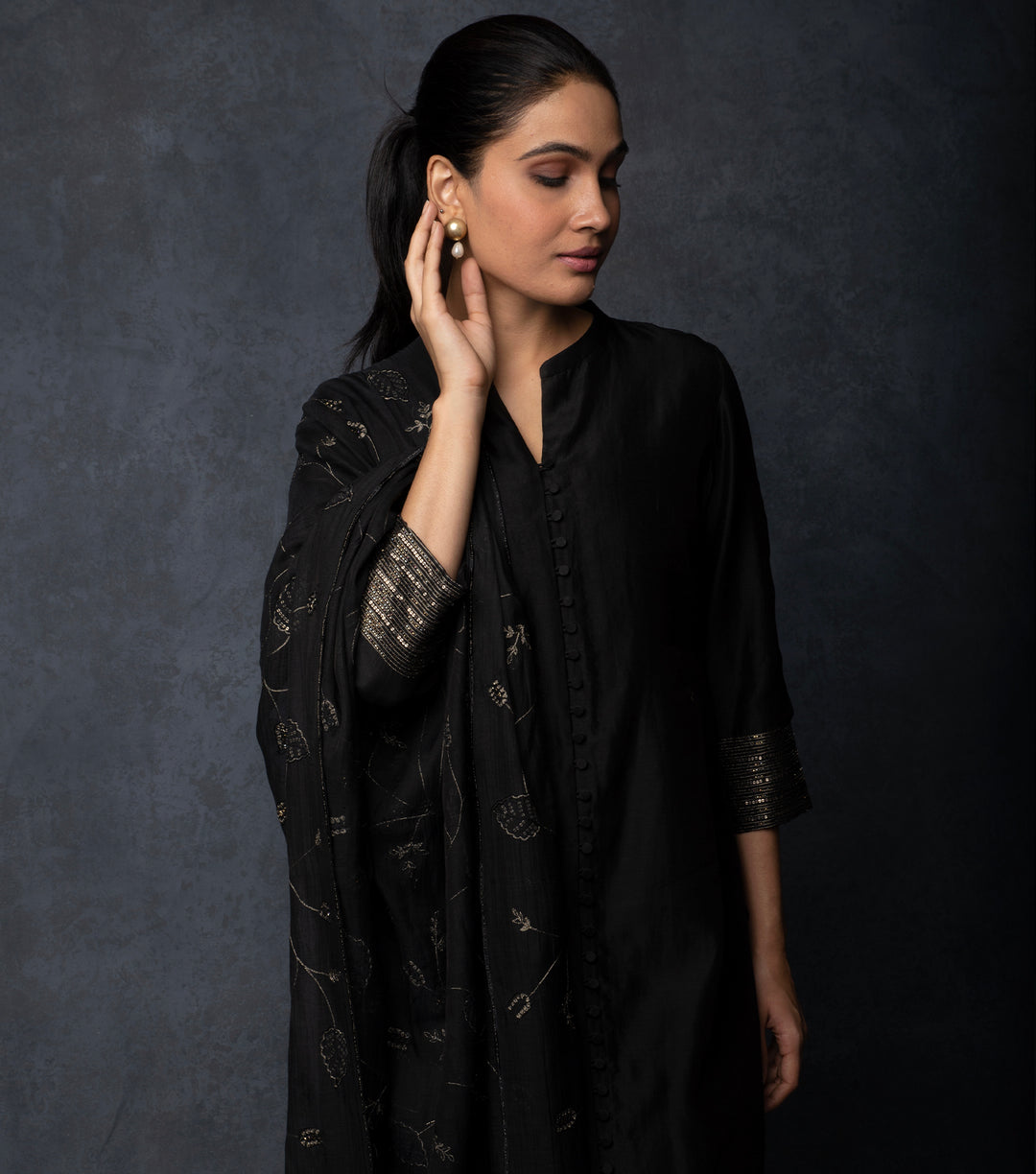 Black Embroidered Chanderi Suit Set