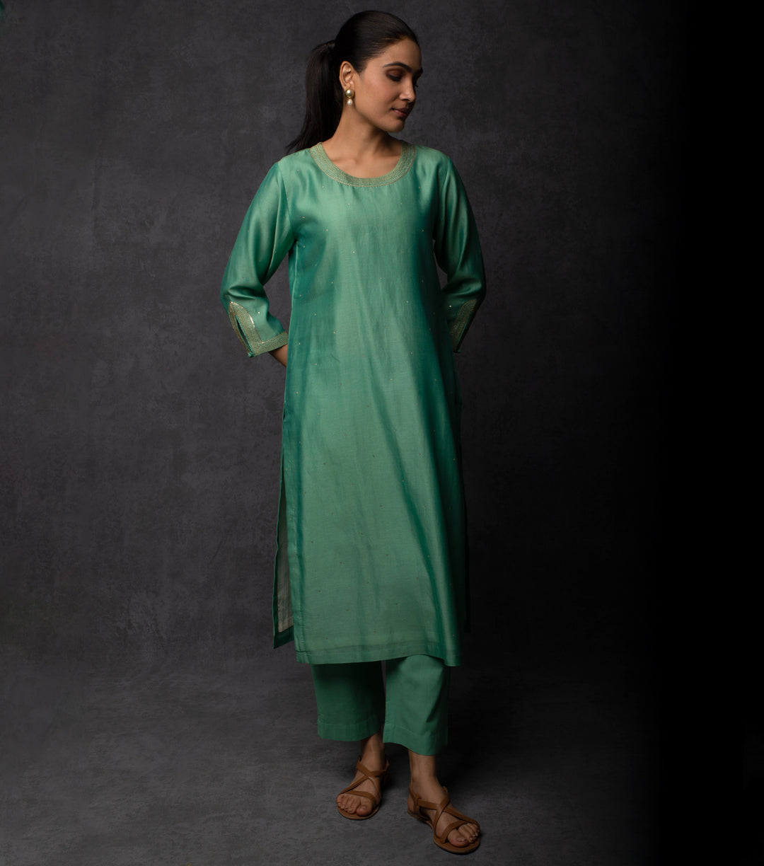 Sea Green Hand Embroidered Chanderi Suit Set