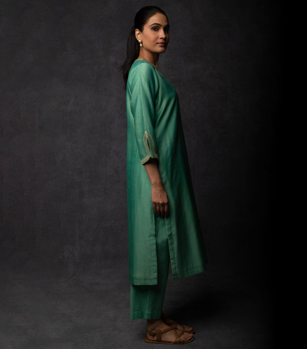 Sea Green Hand Embroidered Chanderi Suit Set