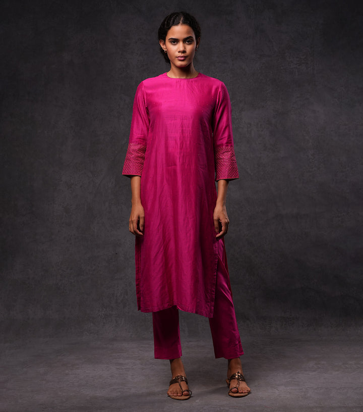 Fuchsia Hand Embroidered Silk Straight Kurta Set with Pants & Dupatta