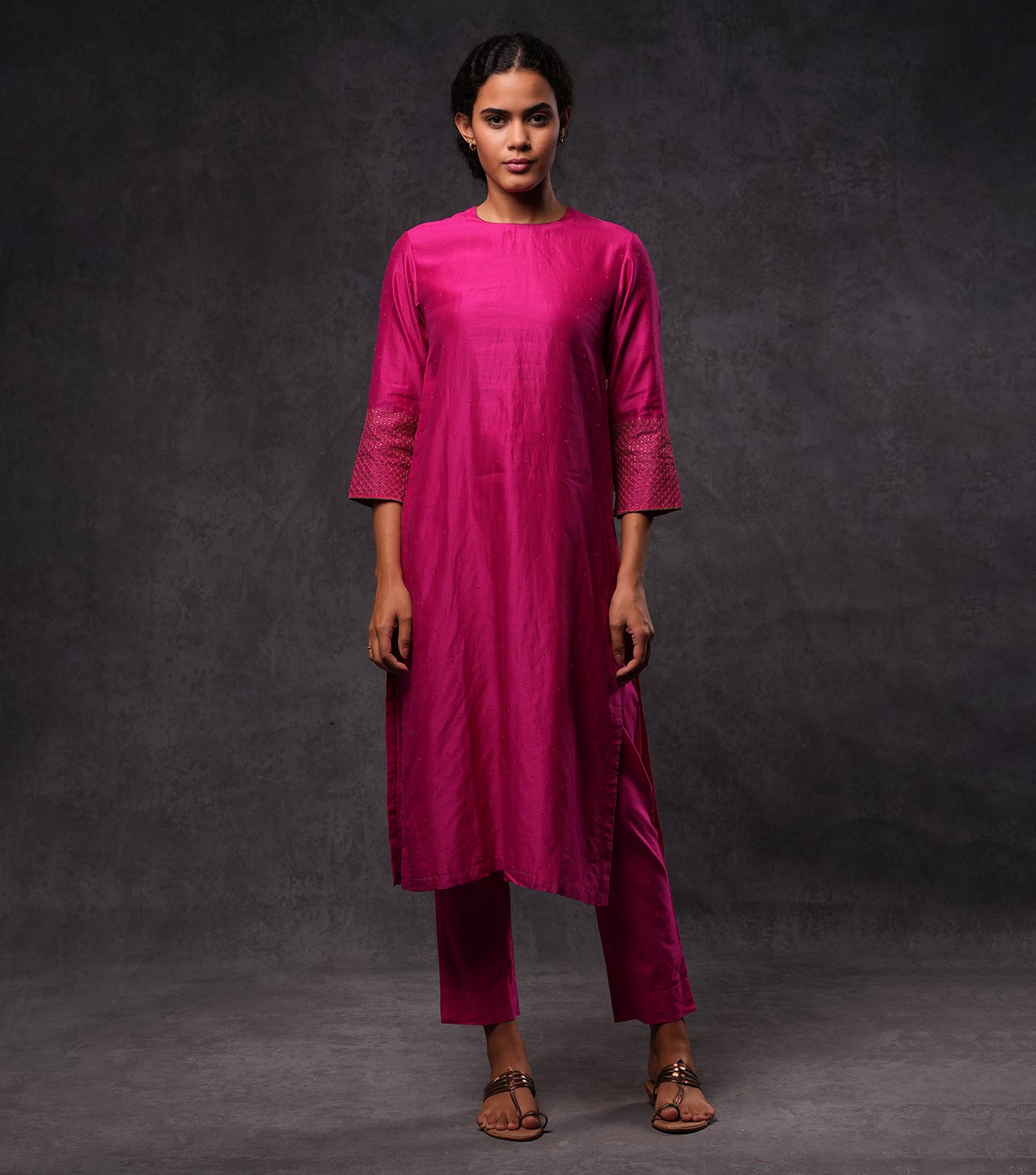 Fuchsia Hand Embroidered Silk Straight Kurta Set with Pants & Dupatta