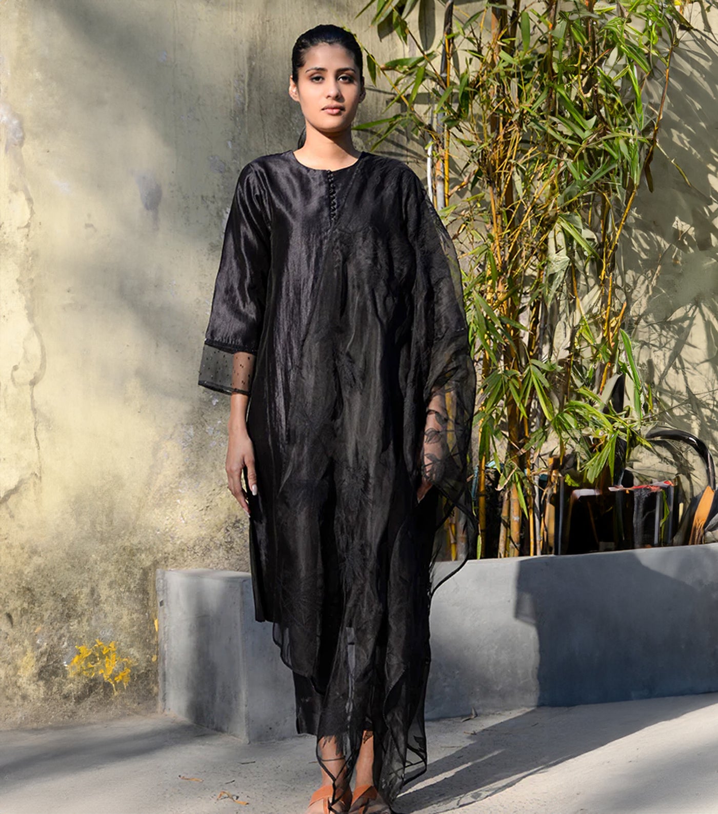 Black Silk Kurta Set with Organza Dupatta