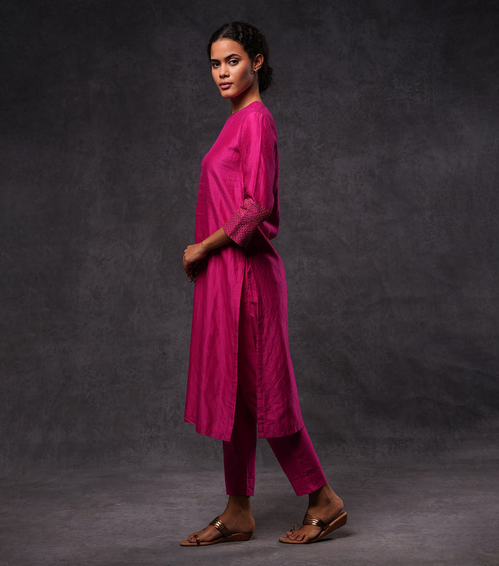 Fuchsia Hand Embroidered Silk Straight Kurta Set with Pants & Dupatta