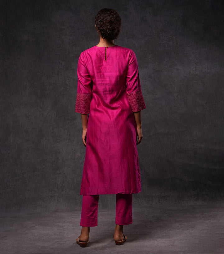 Fuchsia Hand Embroidered Silk Straight Kurta Set with Pants & Dupatta