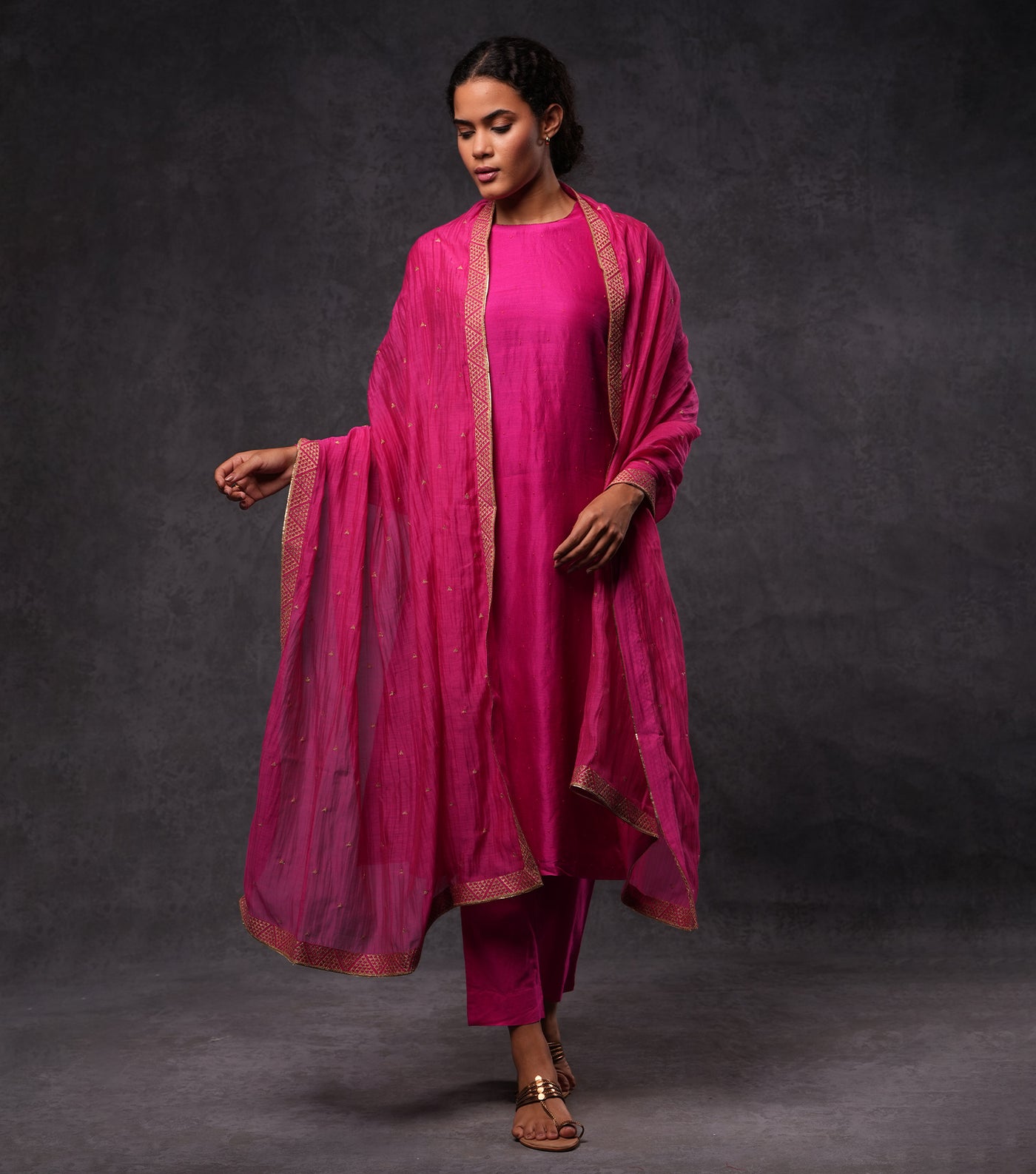 Fuchsia Hand Embroidered Silk Straight Kurta Set with Pants & Dupatta