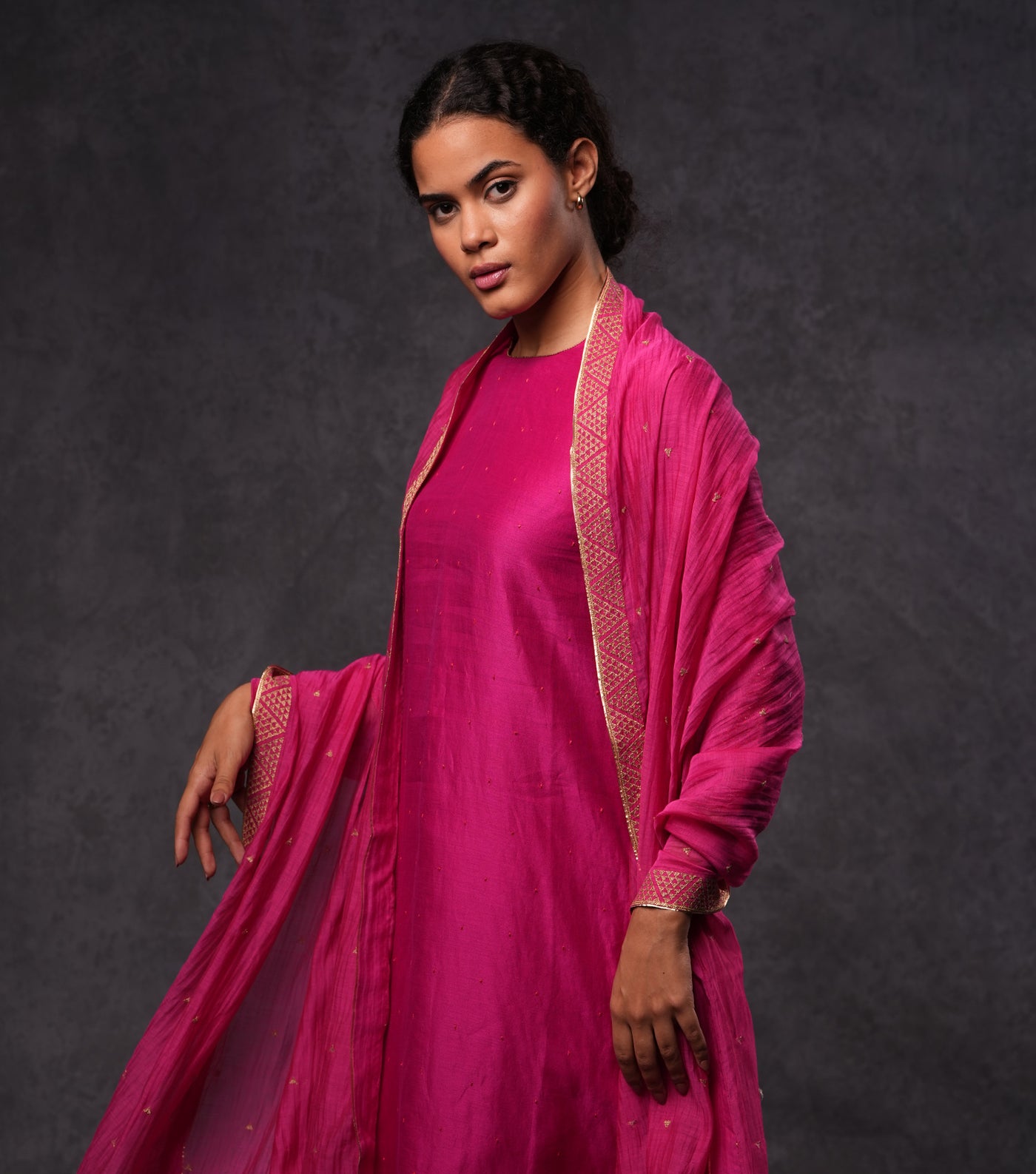 Fuchsia Hand Embroidered Silk Straight Kurta Set with Pants & Dupatta