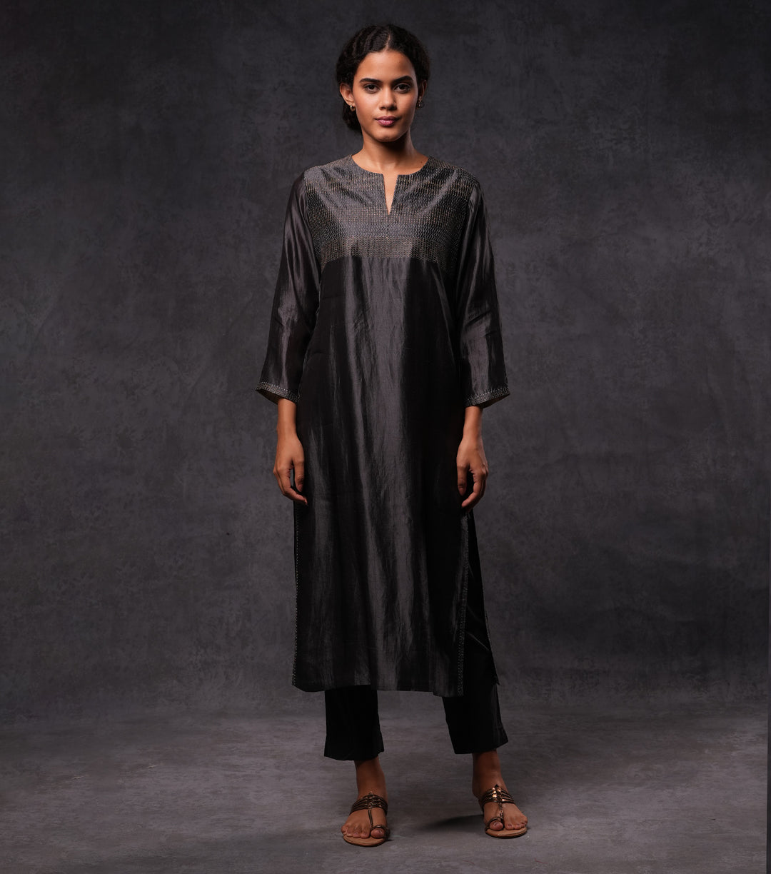 Charcoal Hand Embroidered Silk Straight Kurta Set with Pants & Dupatta