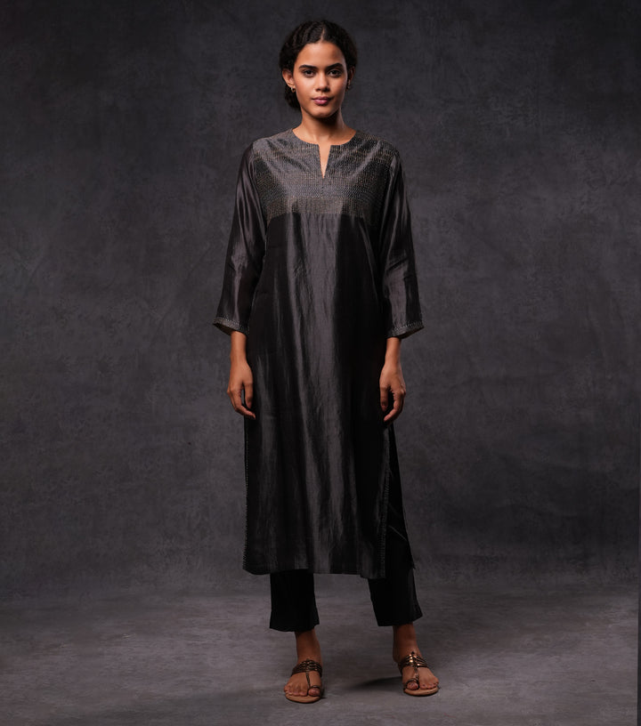 Charcoal Hand Embroidered Silk Straight Kurta Set with Pants & Dupatta