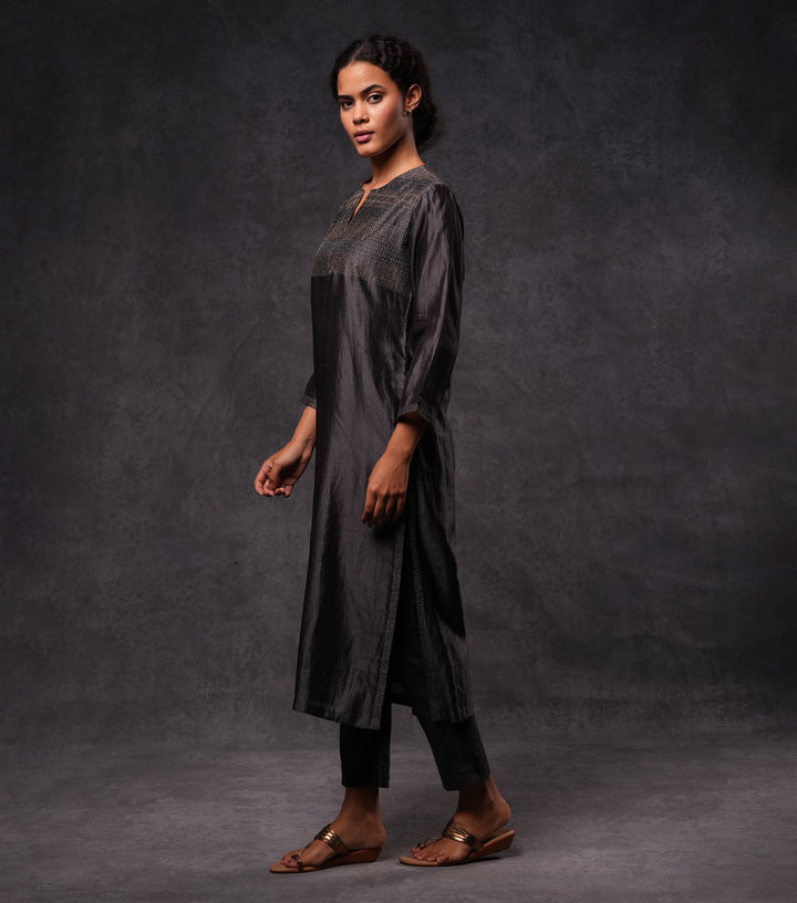 Charcoal Hand Embroidered Silk Straight Kurta Set with Pants & Dupatta