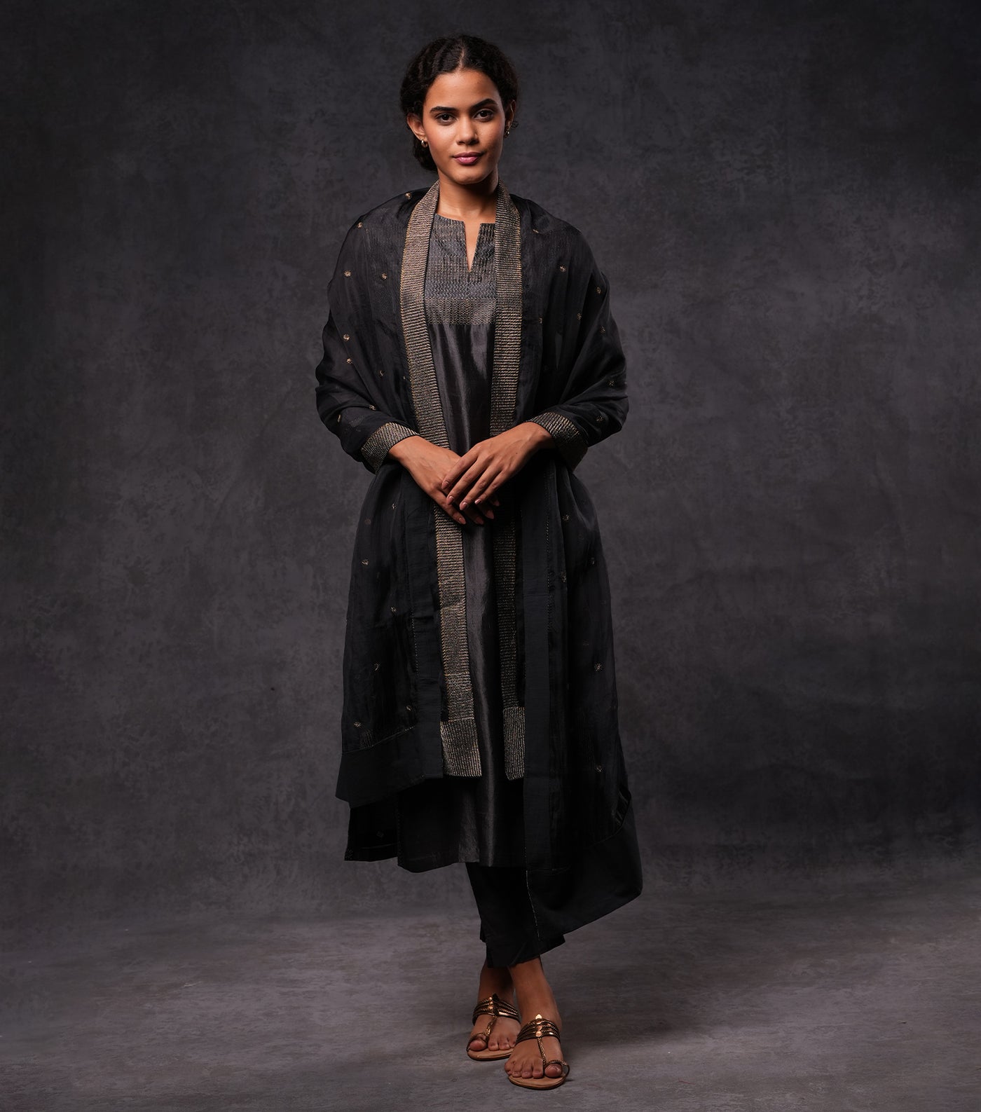 Charcoal Hand Embroidered Silk Straight Kurta Set with Pants & Dupatta