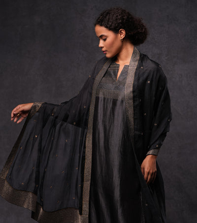 Charcoal Hand Embroidered Silk Straight Kurta Set with Pants & Dupatta