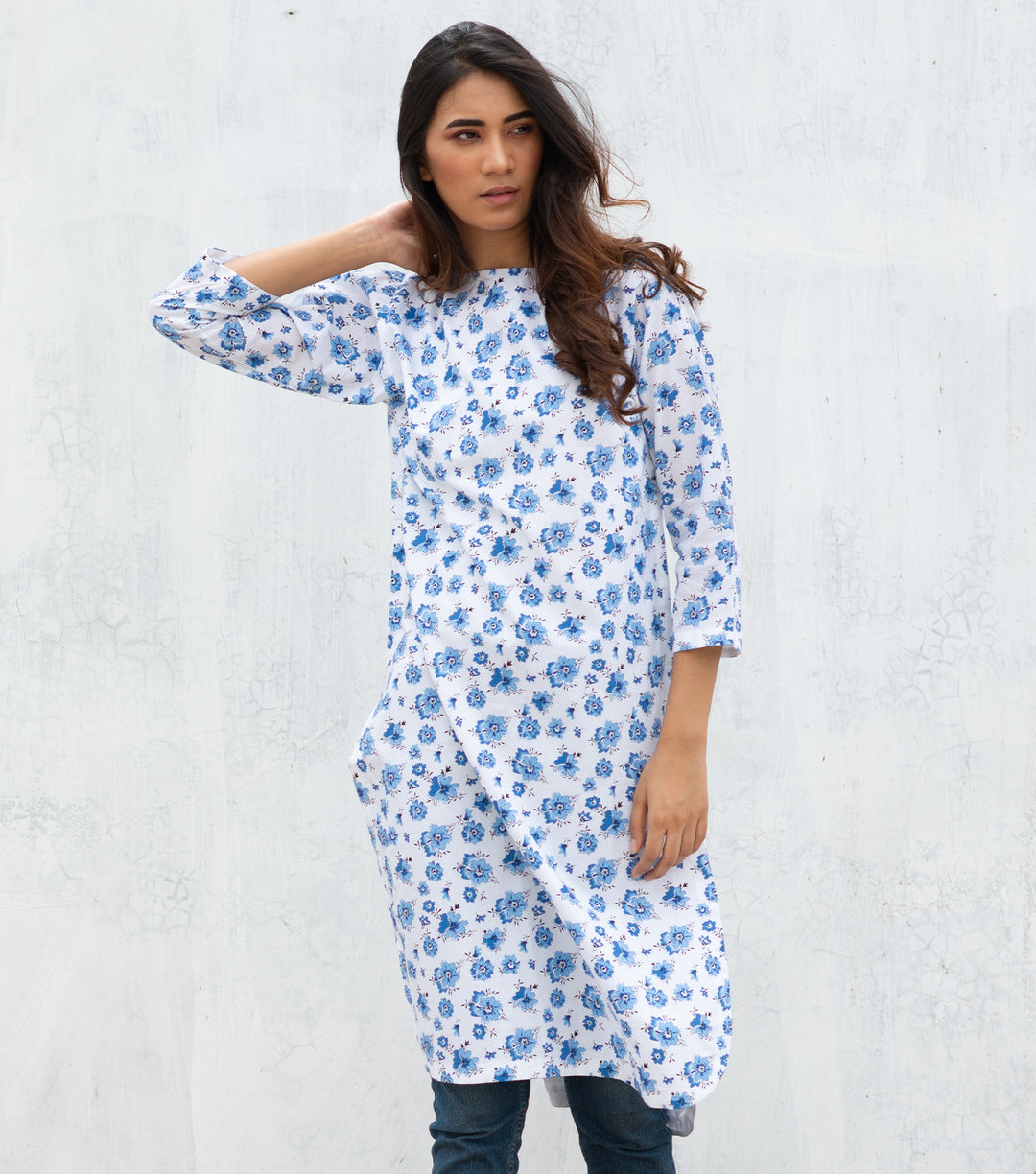 White floral cotton kurta