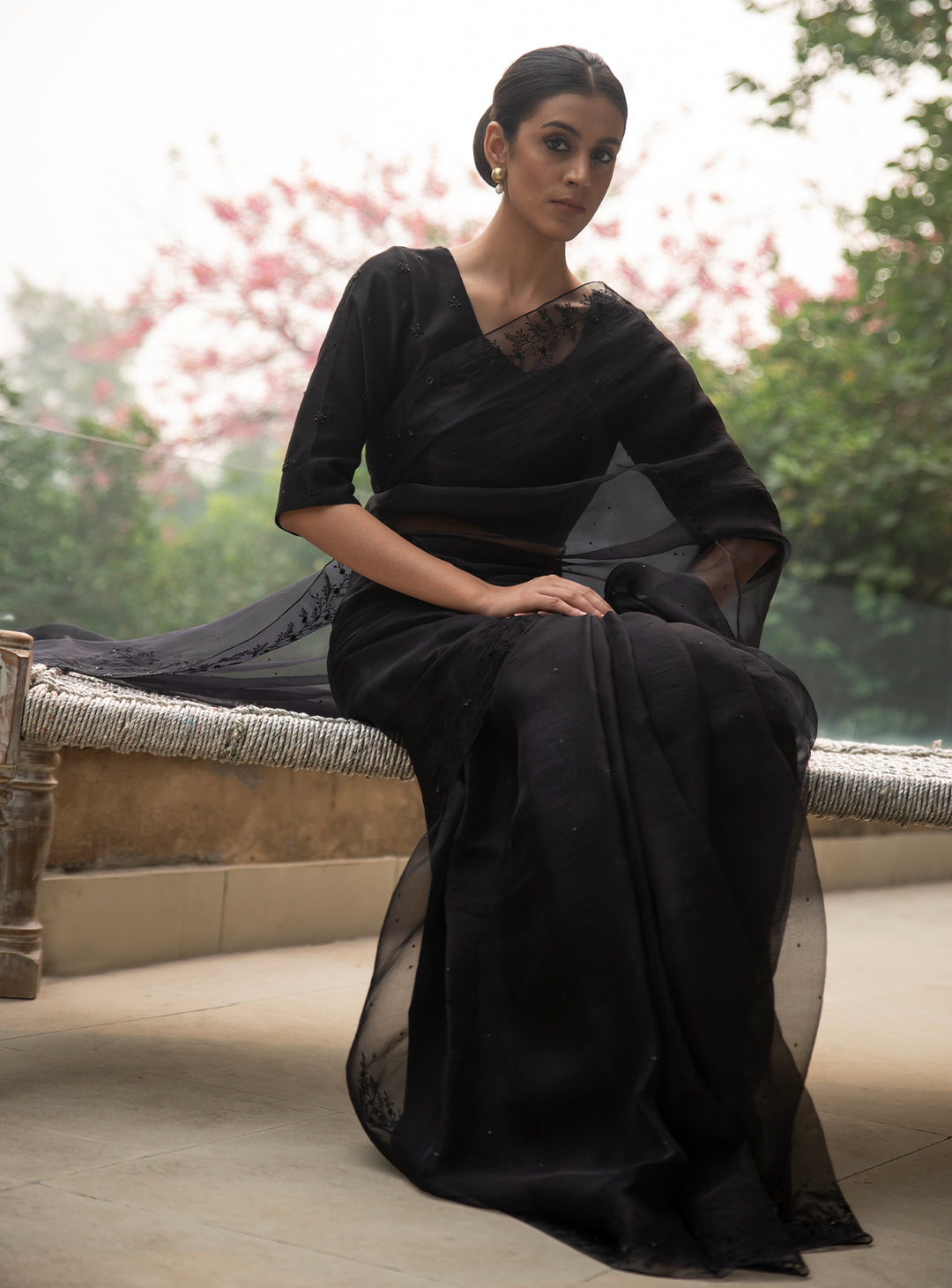 Black Hand Embroidered Organza Saree