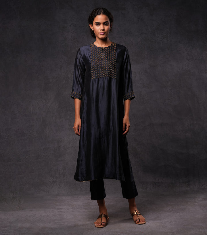 Navy Hand Embroidered Silk Straight Kurta Set with Pants & Dupatta