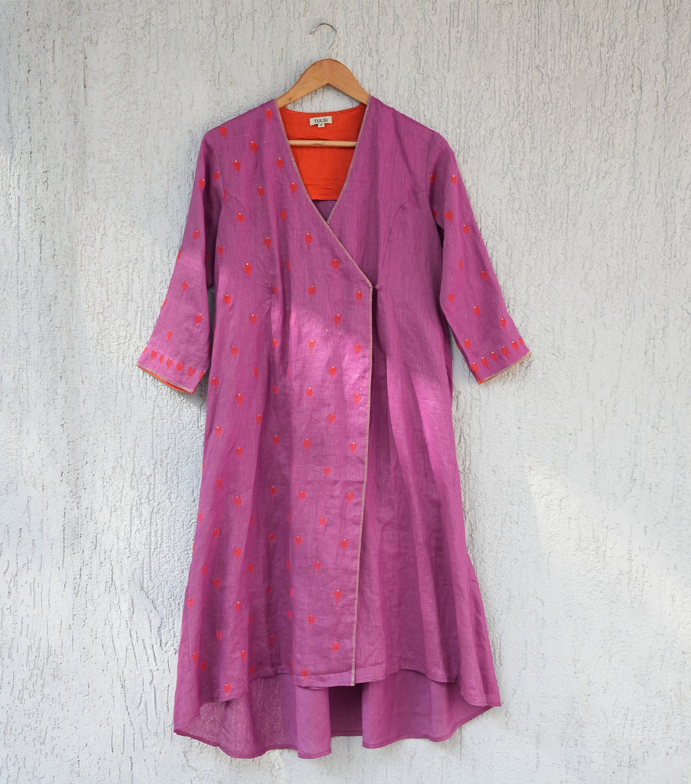 Purple Embroidered Cotton Angrakha Kurta