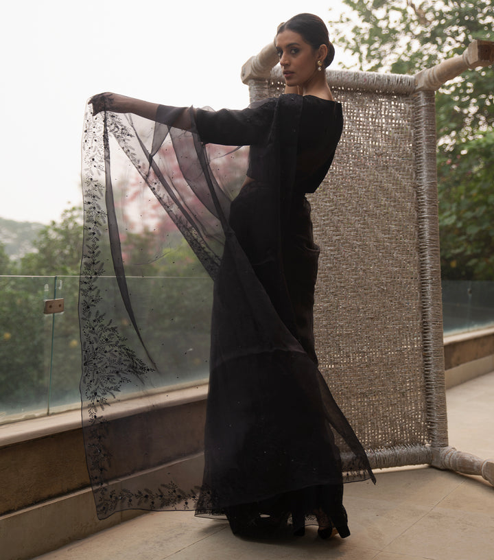 Black Hand Embroidered Organza Saree