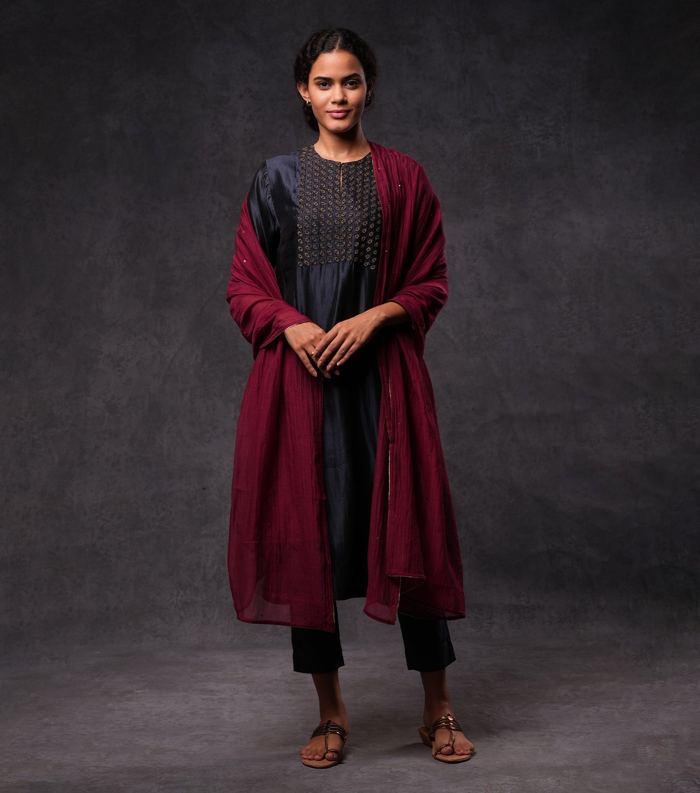 Navy Hand Embroidered Silk Straight Kurta Set with Pants & Dupatta