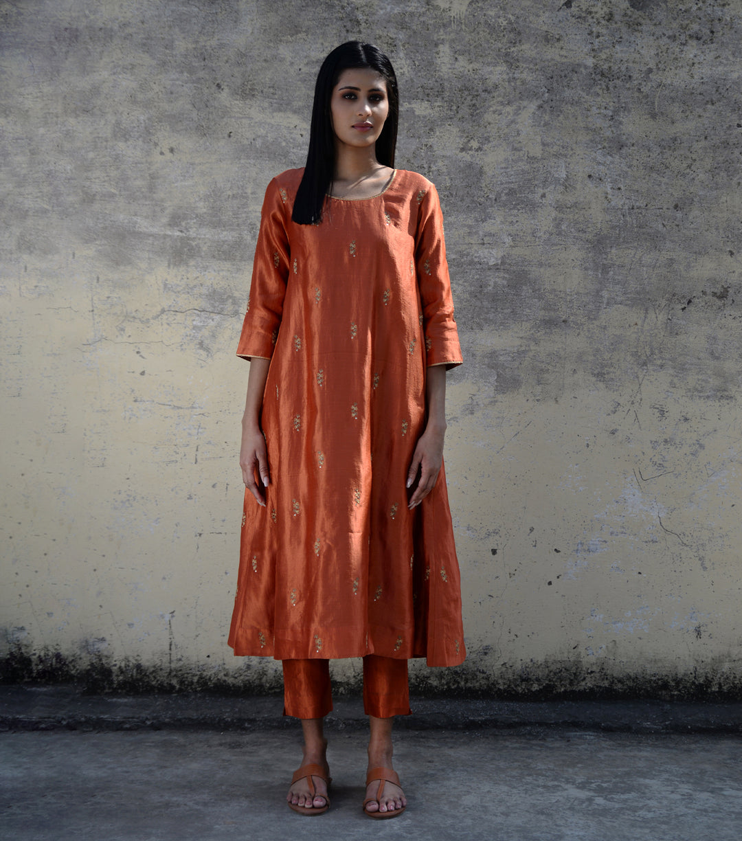 Rust Orange Embroidered Silk Kurta & Pants Set