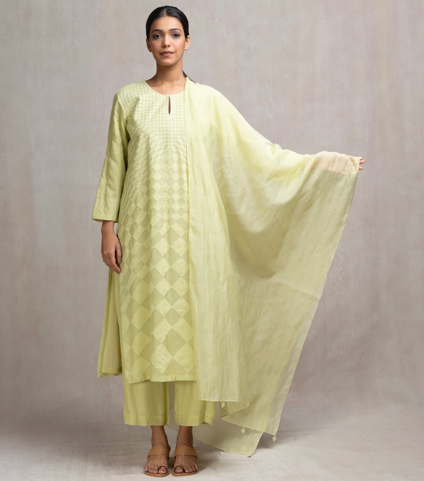 Patch Embroidered Muslin Kurta Set with Pants & Dupatta