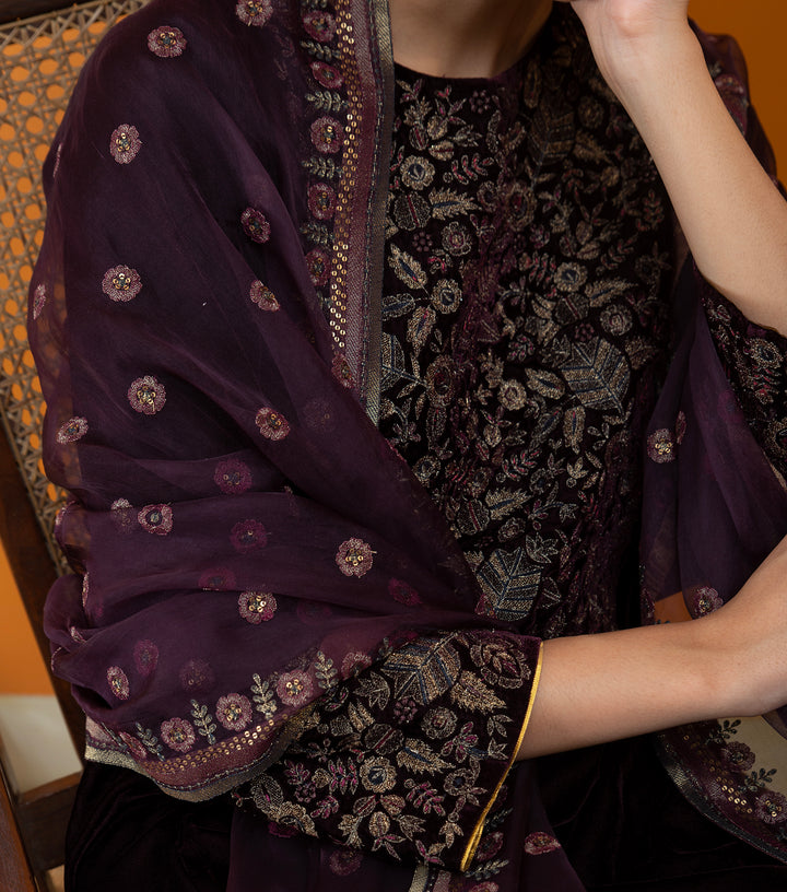 Plum Hand Embroidered Organza Dupatta