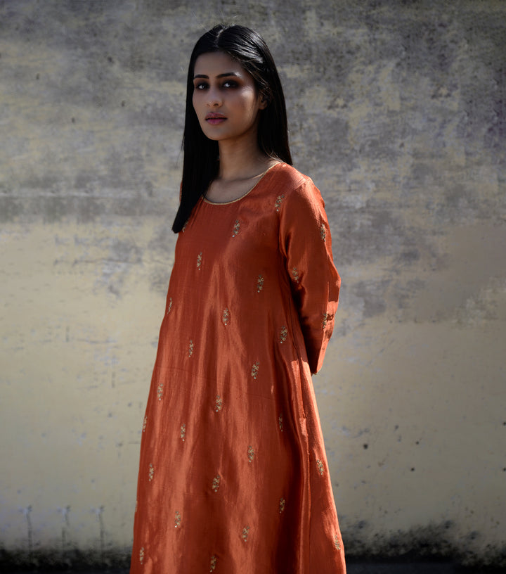 Rust Orange Embroidered Silk Kurta & Pants Set