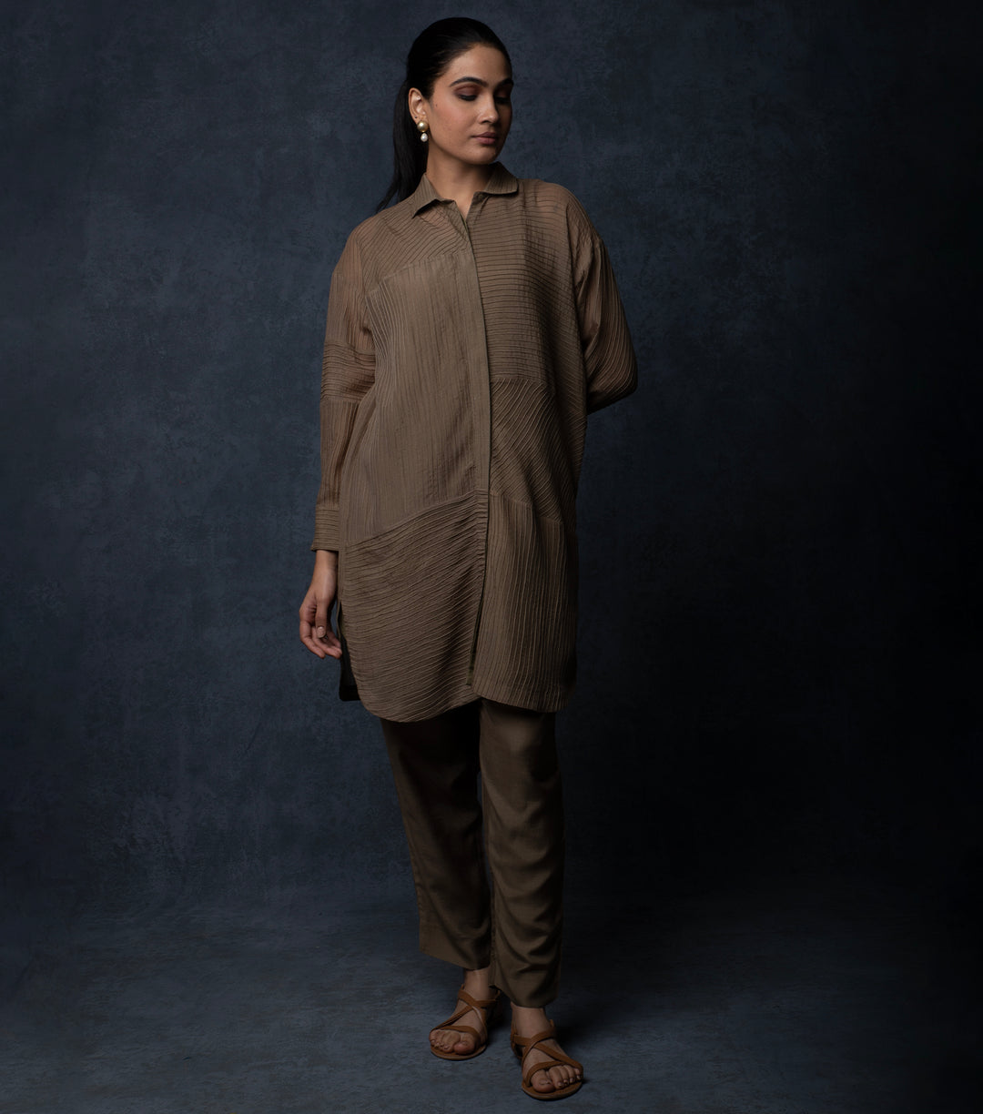 Greenish Brown Pintuck Embroidered Cotton co-ord set