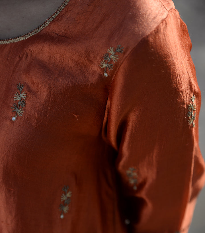 Rust Orange Embroidered Silk Kurta & Pants Set